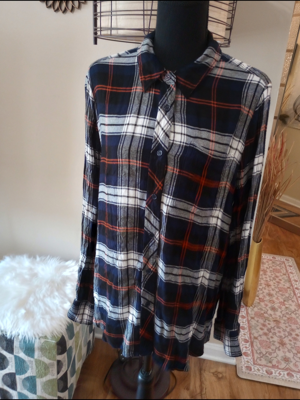 MELLODAY Navy, White and Rust Plaid Button-Down Shirt